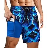 Gleeease 7inch Mens Swim Trunks: with Compression Liner Zipper Pocket Drawstring Quick Dry Stretch Lined 3D FunnyBeach Pool