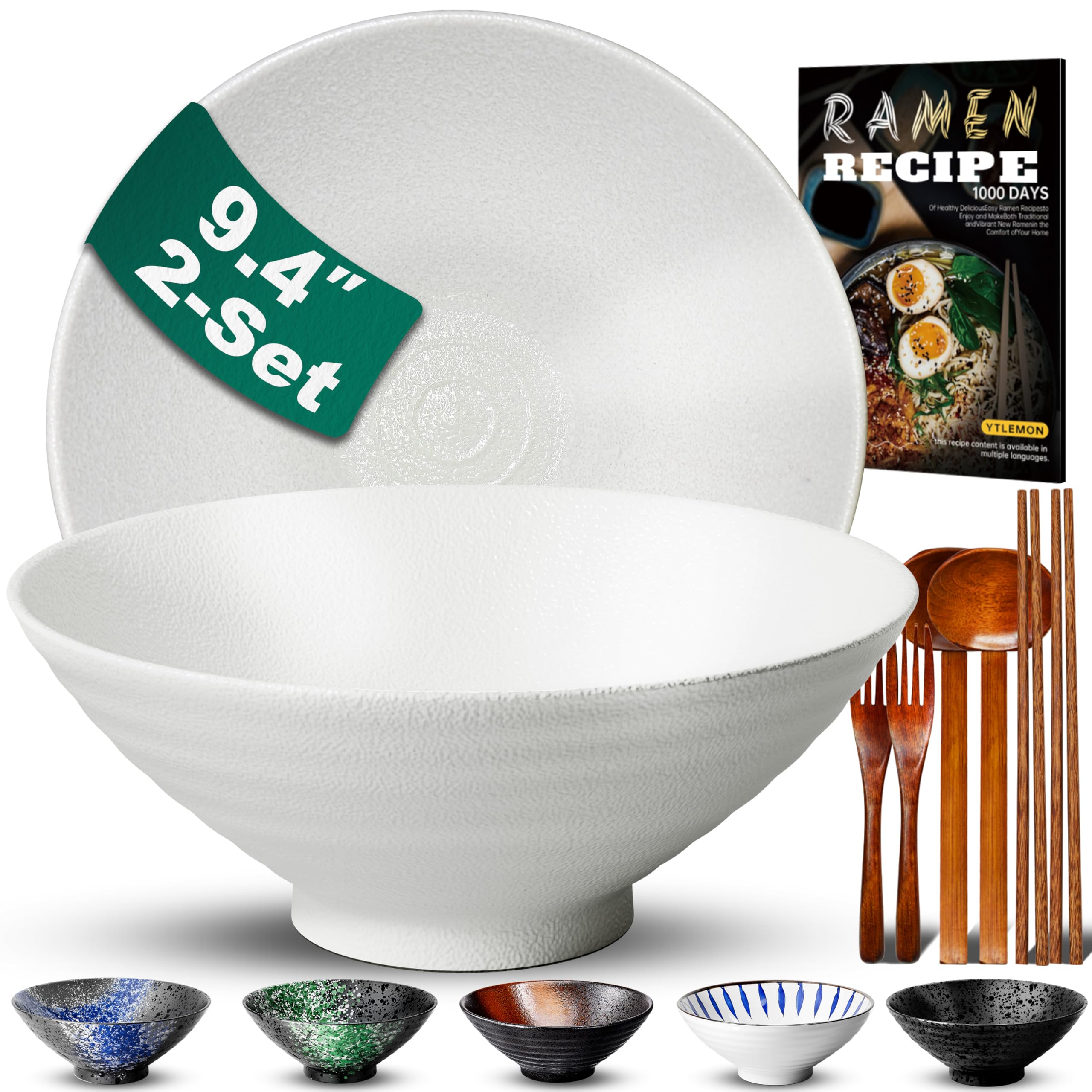 9.4Inch Ceramic Ramen Bowl Set of 2 (9 Piece) - Porcelain Japanese Salad Noodles Cereal Fruit Pasta Soup Large Bowls with Recipes Chopsticks Forks Spoons for Men Women Gift Microwave Dishwasher Safe Image
