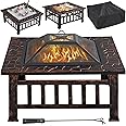 Yaheetech 32in Outdoor Firepit Square Table Backyard Patio Garden Stove Wood Burning Fire Pit with Spark Screen, Log Poker and Cover