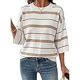 Dokotoo Womens Sweaters Spring Summer Oversized 3/4 Sleeve Striped Crewneck Casual Lightweight Knit Pullover Sweater Tops