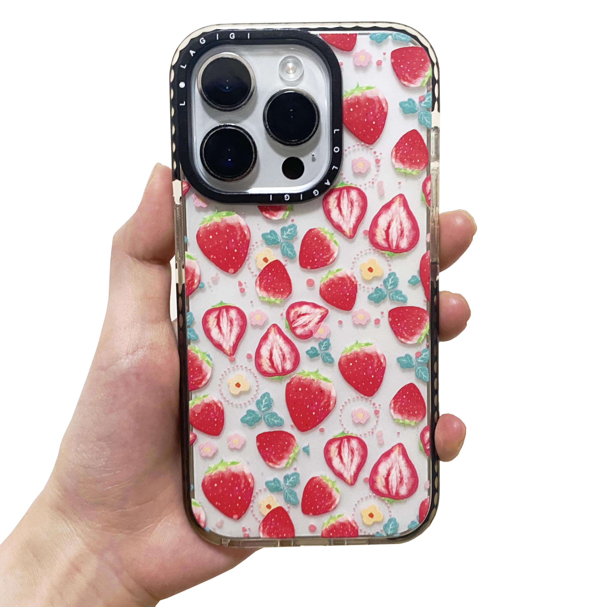 LOLAGIGI Case for iPhone 15 Plus, Cute Pink Strawberries & Flowers Print Kawaii Animal Design Girly Aesthetic Cartoon Pattern for Women Girls Teens Soft TPU Case,6.7"
