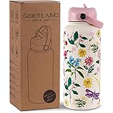 Goetland Flowers Water Bottle Beverage Bottle with Straw Lid 32 oz Stainless Steel Wide Mouth Vacuum Insulated Cute UV Printing Leak Proof For Women Girls Kids Little Pink
