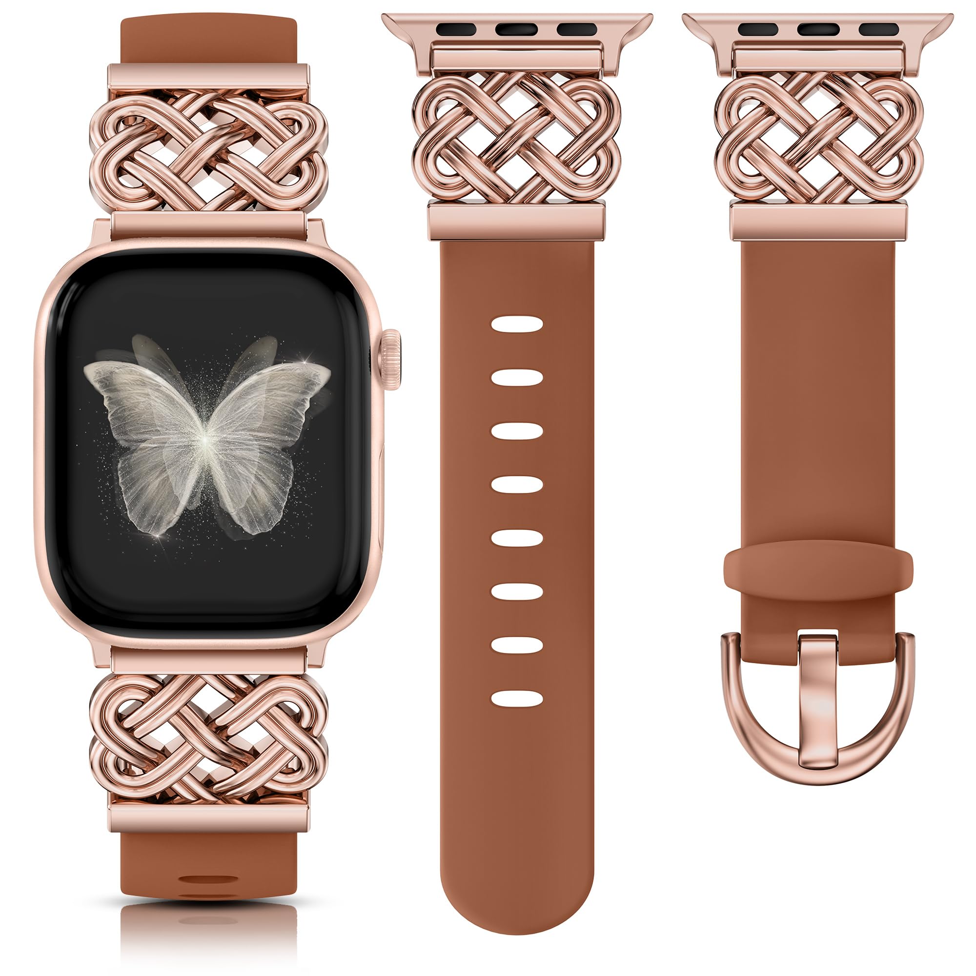 Minyee Celtic Knot Silicone Band Compatible with Apple Watch Band Women 42/38/40/41mm, Dressy Soft Silicone Fancy Cute Elegant Chic Sport Strap for iWatch Series 11 10 9 8 7 6 5 4 Ultra/SE 3 2, Brown