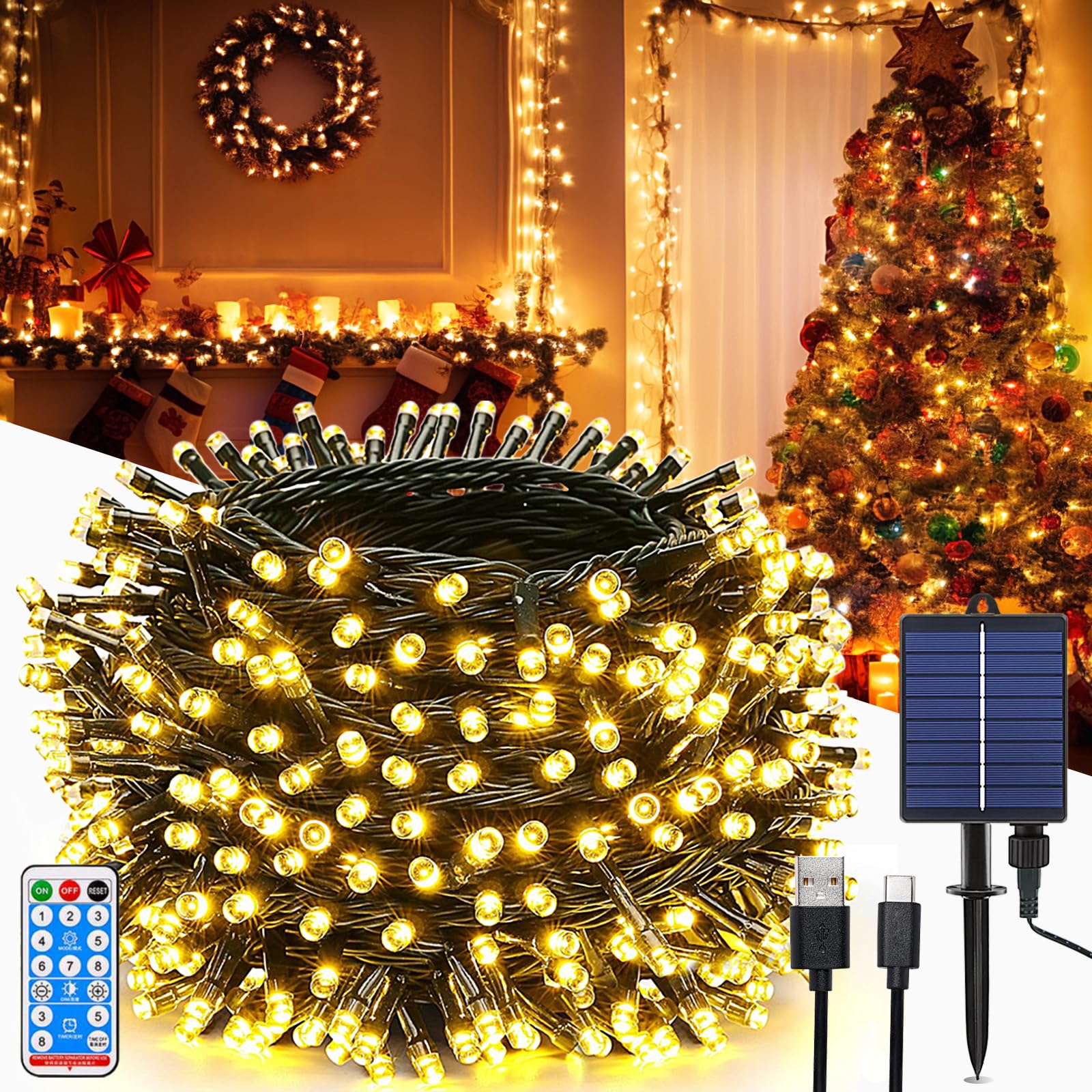 MOLVCE Solar Fairy Lights Outdoor 30 m 300 LED, Fairy Lights Solar with Remote Control, 8 Modes, Timer, USB Powered, Dimmable Solar Fairy Lights Weatherproof for Balcony, Wedding, Christmas