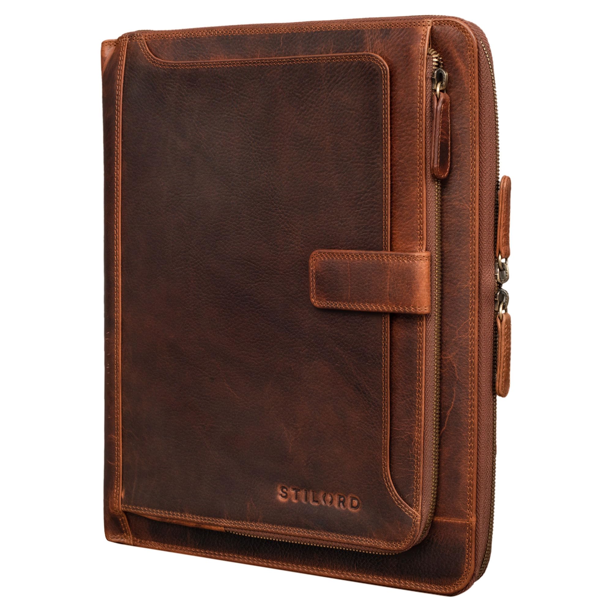 STILORD 'Colby' Leather Document Holder A4 Conference Folder Vintage Business Case for 12 Inch Tablets File Organizer Writing Pad Portfolio, Colour:Kara - Cognac
