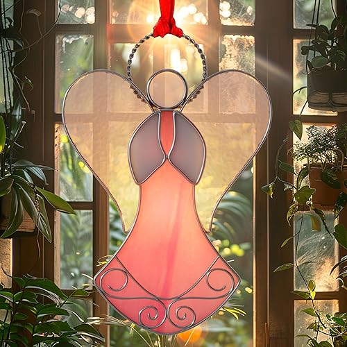 KUNDGLA New Pink Angel Suncatcher Stained Glass Suncatchers for Windows Hanings Ornament Home or Garden Decorative Gifts for Mom Teacher Friends Birthday Christmas Tree Holiday Hanging Decor