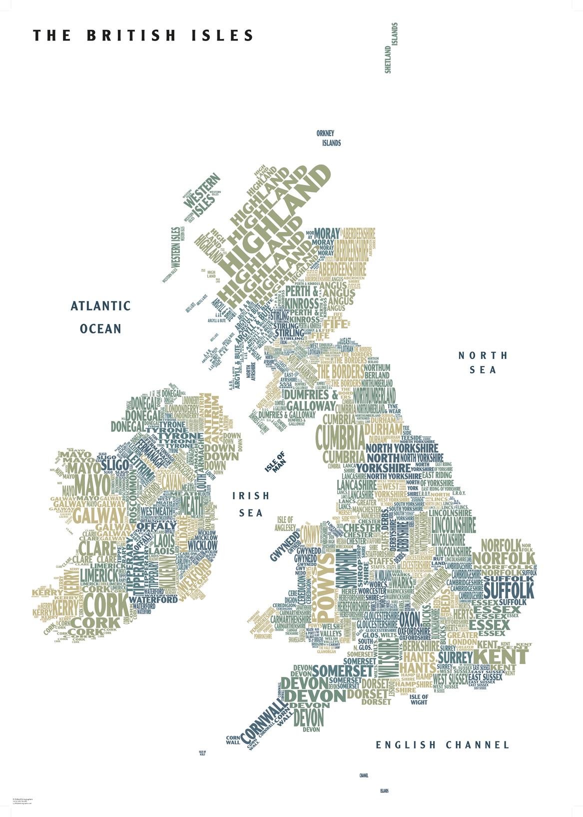 Graphic Map UK - counties, white background - 23.5" x 33.25" Laminated