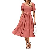 BerryGo Women's Summer 2025 Casual Smocked Midi Dress Square Neck Modest Puff Sleeve Flowy Beach Dress