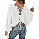 RoseSeek Women's Off Shoulder Lace Up Open Back Sweaters Long Sleeve Loose Pullovers Casual Knit Fall Tops