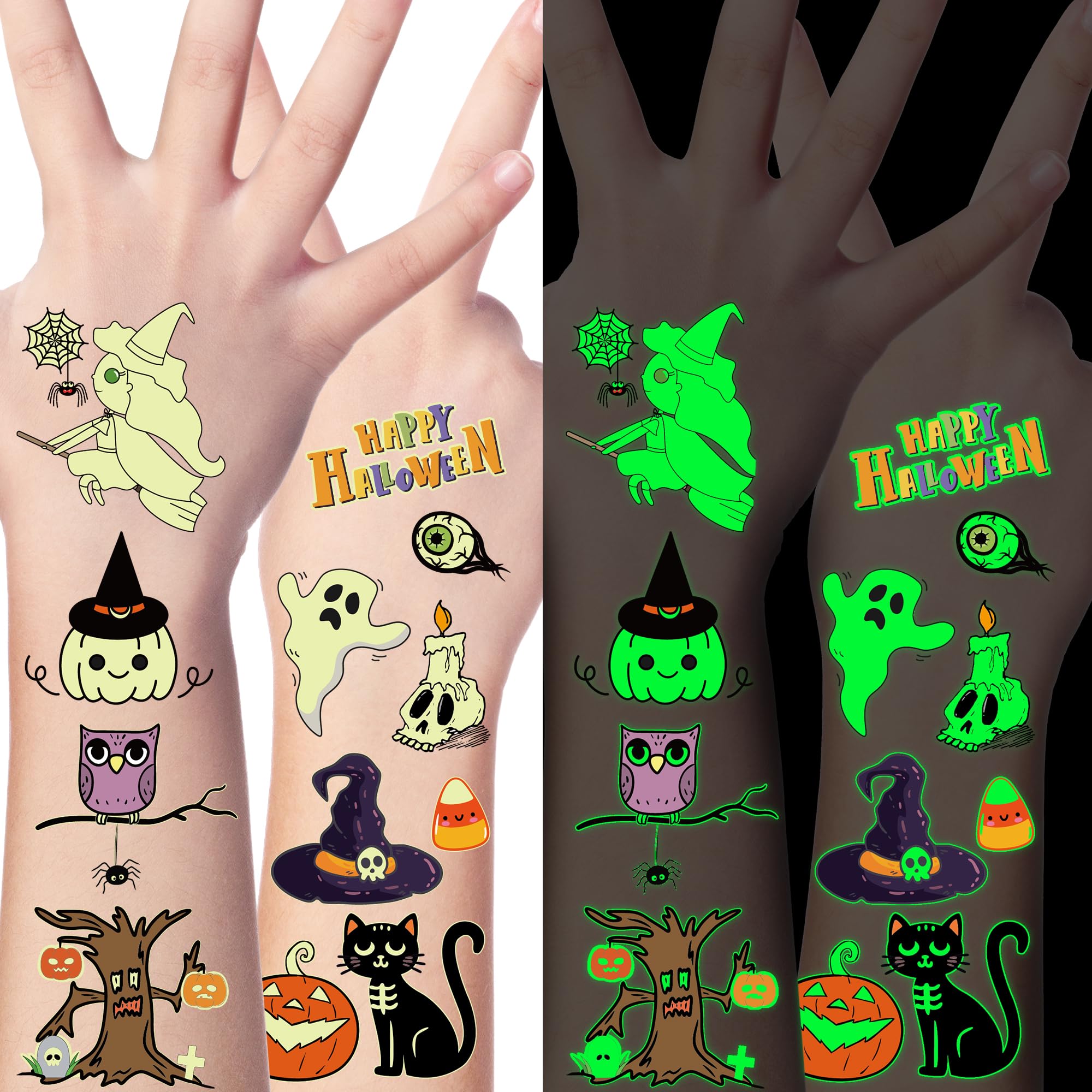145 Styles Halloween Tattoos for Kids, 12PCS Halloween Luminous Tattoos, Glow in Dark Ghosts Pumpkin Fake Temporary Tattoos Stickers Bulk for Trick or Treat Party Decorations Accessories Supplies