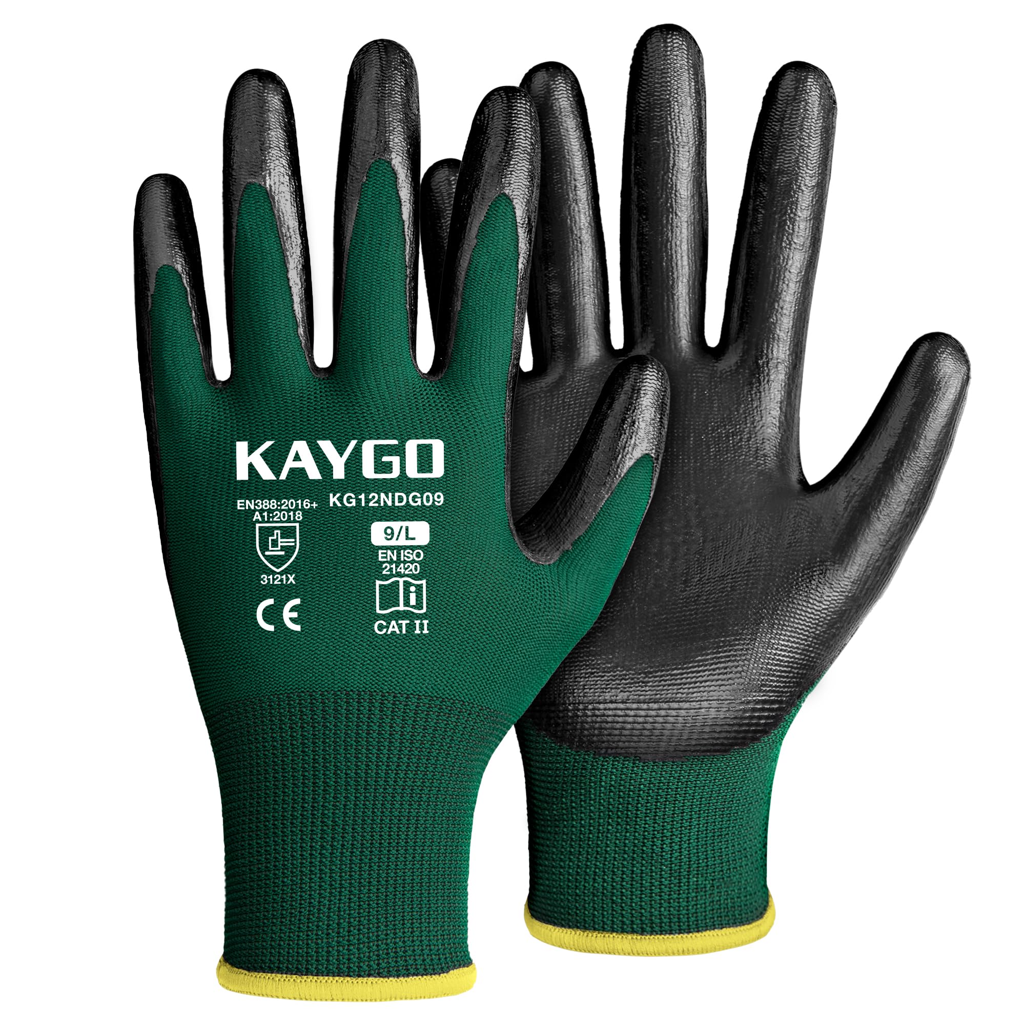 KAYGO Safety Work Gloves Nitrile Coated, Good Grip and Dexterity, 12 Pairs General Purpose Working Gloves for Men and Women, Ideal for Construction Warehouse Automotive DIY, KG12N (Dark Green, L)