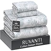 RUVANTI 100% Cotton Sheets Queen Size Bed Set - 300 Thread Count Silky Soft Sateen Weave, Cooling, Lightweight & Breathable, 16" Deep Pocket, Durable & Luxury Satin-Like, 4 Piece, Floral Imprint