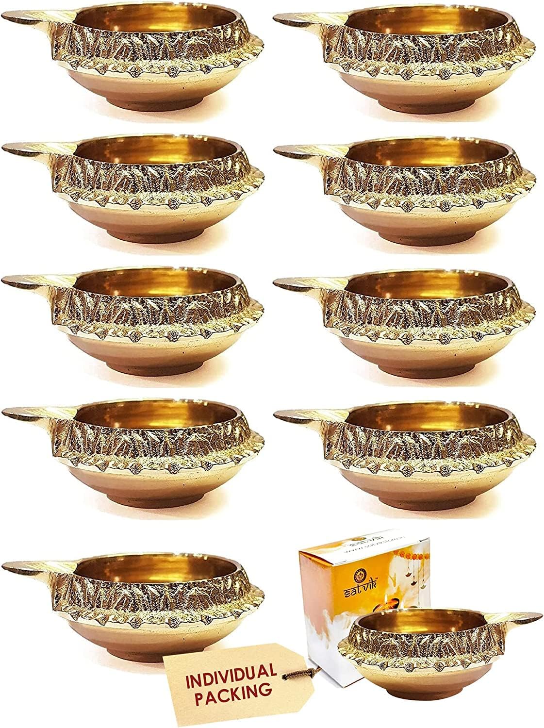 Oil Lamps & Accessories - SATVIK 20 pc Kuber Diya for Diwali Decoration. Handmade Oil Lamp with Golden Engraved Made of Virgin Brass Metal. Diwali Diya Vilakku for Puja Pooja. Traditional Indian Deepawali Gift Items