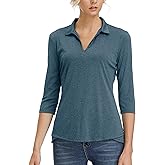 Women's 3/4 Sleeve V Neck Golf Shirt Mositure Wicking Performance Sports Polo T Shirt Tops for Women