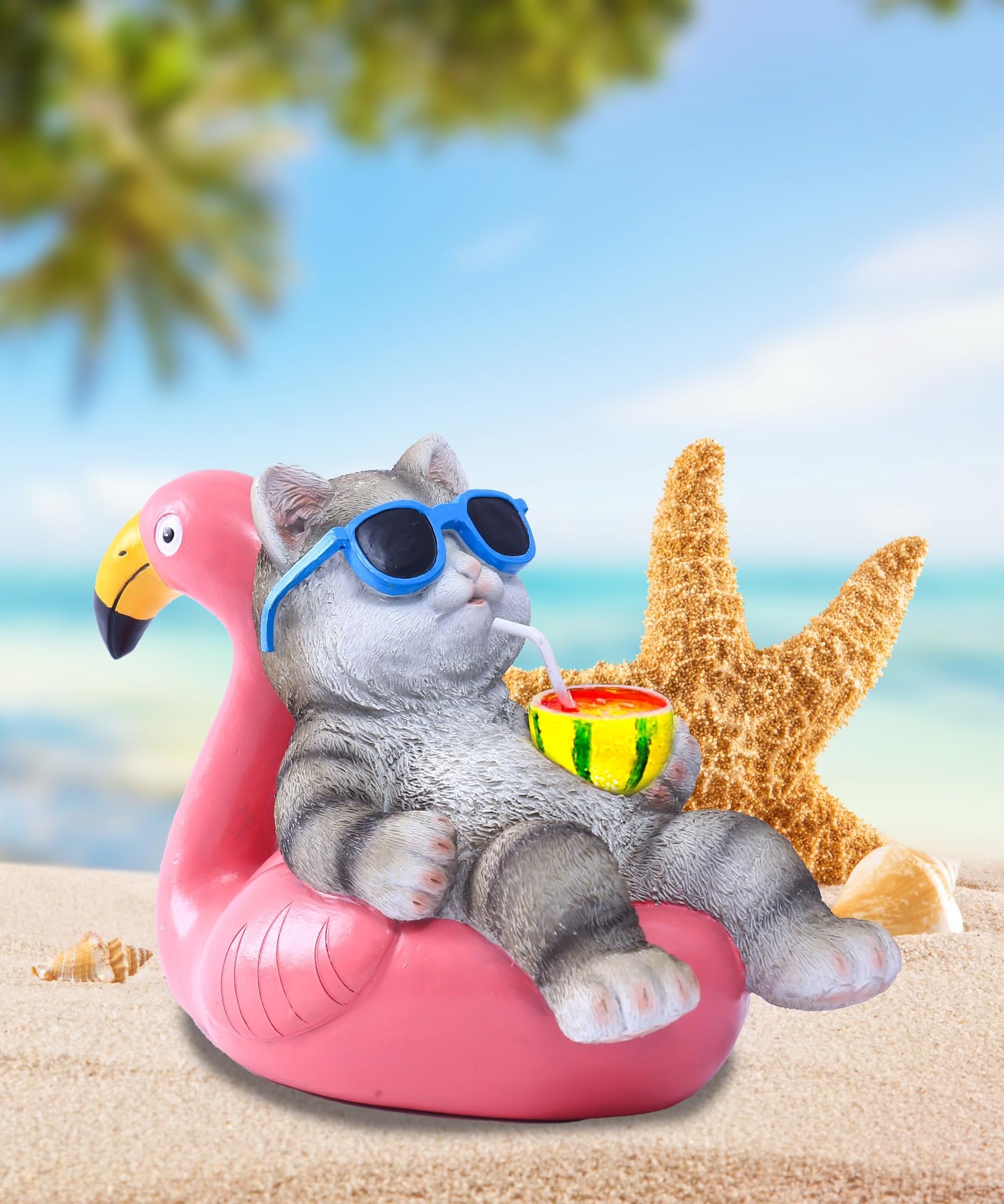 Yeomoo Solar Cat Lying Flamingo Garden Ornaments - Funny Gifts for Women Mum - Resin Waterproof Statue for Yard Lawn Patio Room Decor