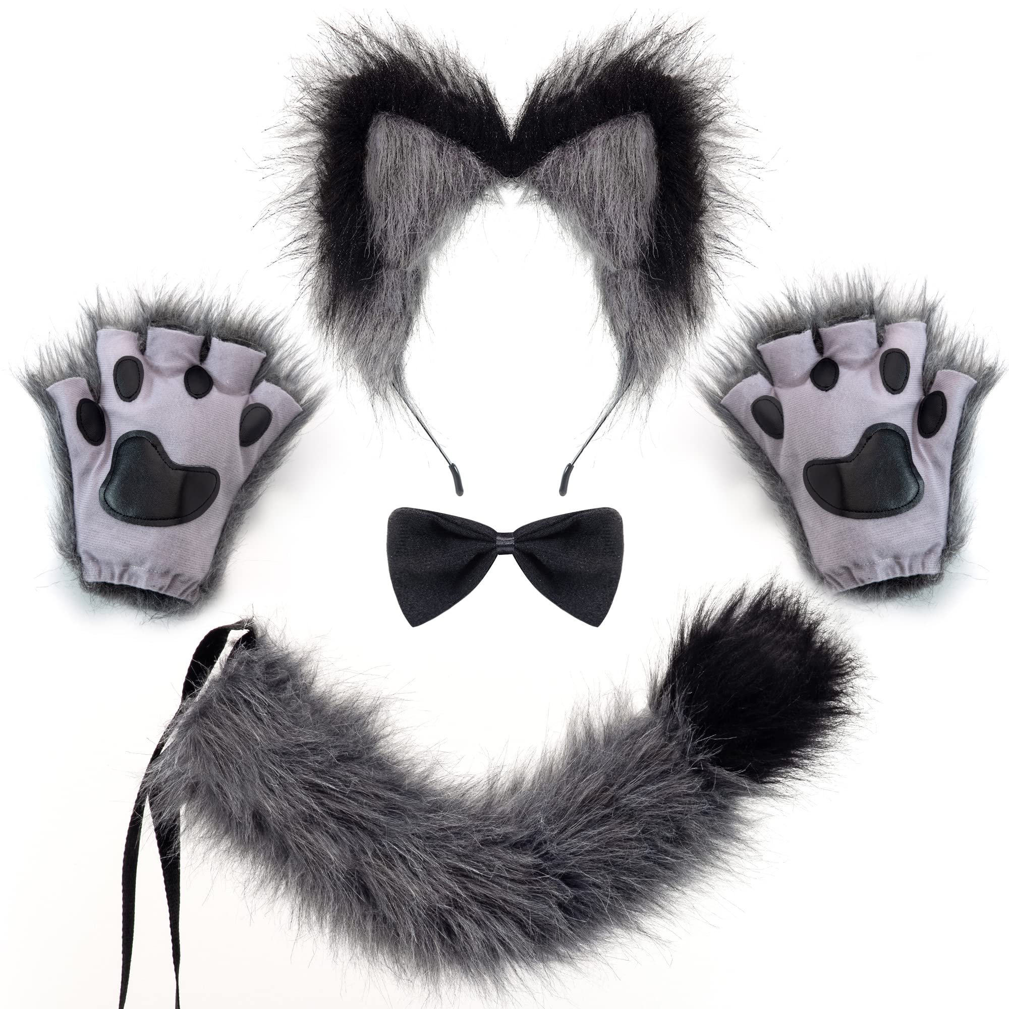 Spooktacular Creations Adult Gray Wolf Fox Accessories Set with Tail, Tie, Ears and Gloves, Halloween Fancy Party Costume for Women
