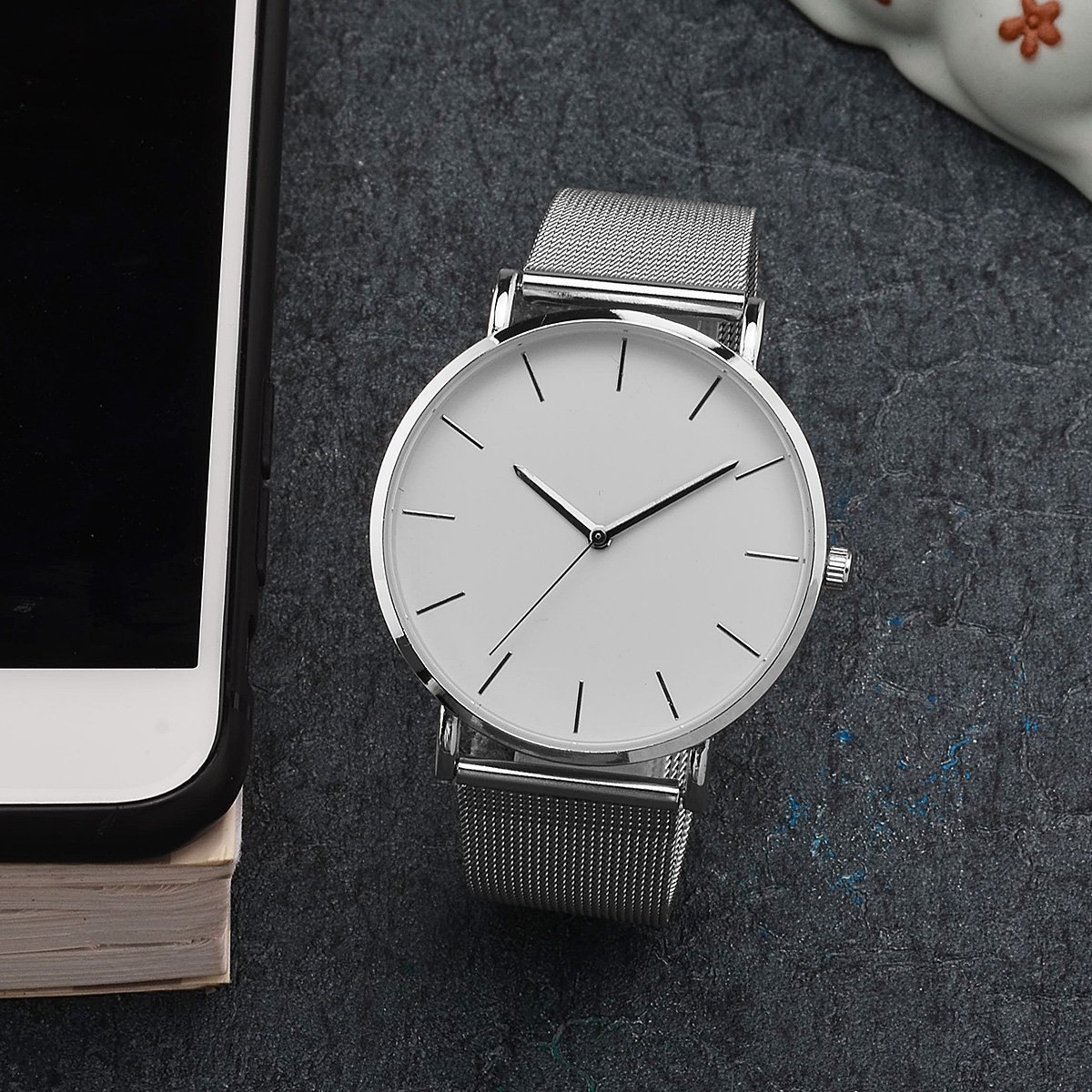 Abrray Large Face Womens Watch Stainless Steel Ultra Thin Dial Mesh Band Watches Silver Watches (Silver)