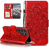 EYZUTAK Case for Samsung Galaxy S25 Ultra, Premium Leather Magnetic Closure Flip Wallet Phone Case with Card Holder Cash Slot Stand Function Embossed Mandala Flower Slim Shockproof Lanyard Cover - Red