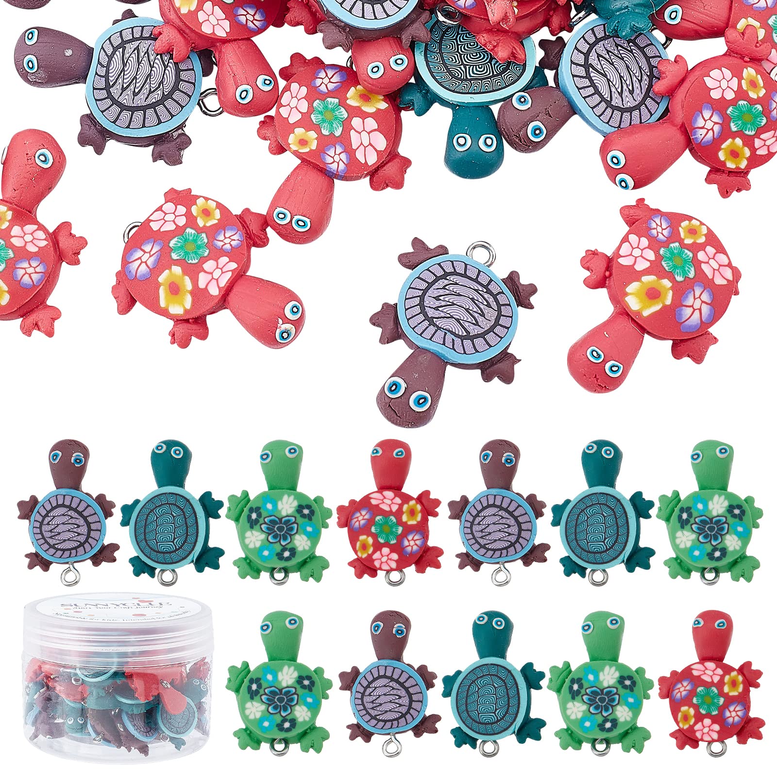 SUNNYCLUE 1 Box 50Pcs Clay Turtle Charm Handmade Ocean Tortoise Charms Bulk Fl;atback Polymer Clay Sea Animal Charms for Jewellery Making Tortoises Flower Print Earrings Necklace Bracelets Supplies