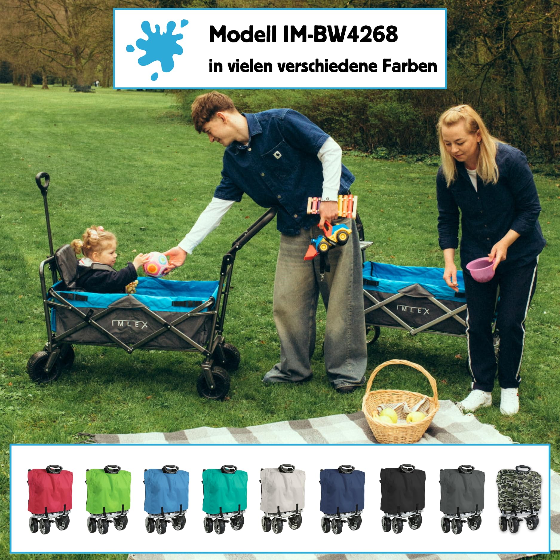 IMLEX Bollerwagen faltbar XXL mit Dach – Handwagen für 2 Kinder bis 80 kg – Schiebegriff & Zugstange – Geländereifen – kompakt klappbar für Strand, Camping, Garten, Zoo & Freizeit IM-4268 Türkis 9