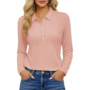 YUCOLEN Long Sleeve Polo Shirts for Women 5-Button Collared Golf Top | Collared, Long Sleeve, Cotton Blend, Womens Polo, Golf
