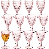 Yinder Glass Goblet Vintage Wine Goblet Embossed Glassware 10 oz Solid Color Glass Stemmed Cups for Iced Tea Beverage Soda Juice Water Liquor and Party Wedding Bars Restaurants(Pink,12 Pack)
