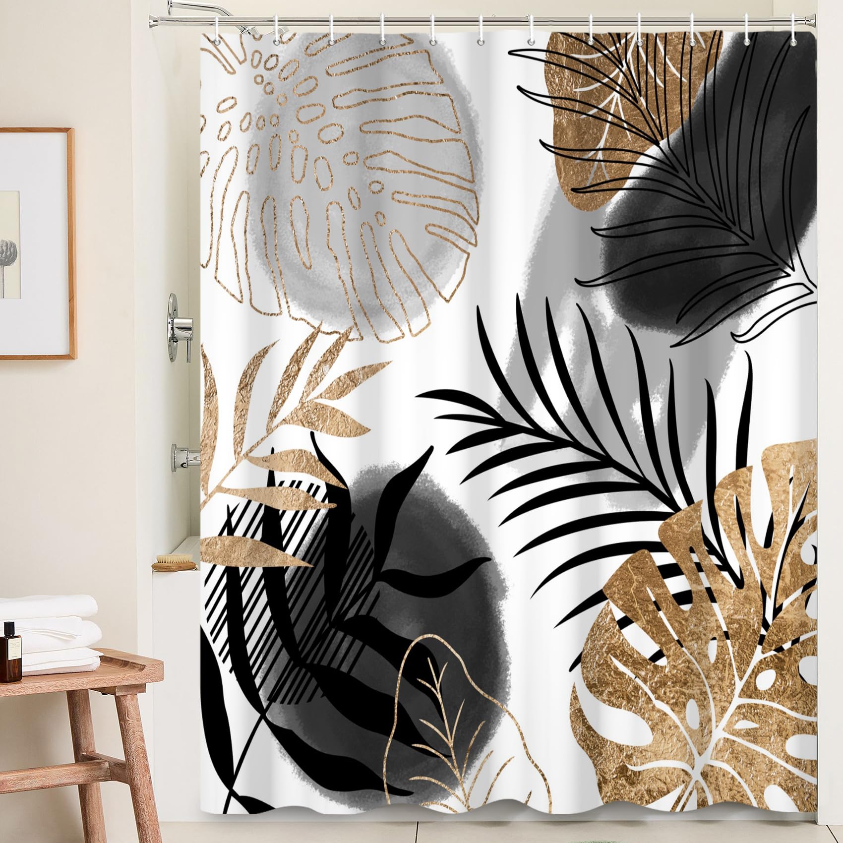 Ttincceer 180x180cm Abstract Plant Leaf Shower Curtain Set, Black Gold Palm Monstera Leaf Bathroom Curtain Abstract Tropical Plant Shower Curtains Washable Bathtub Curtain