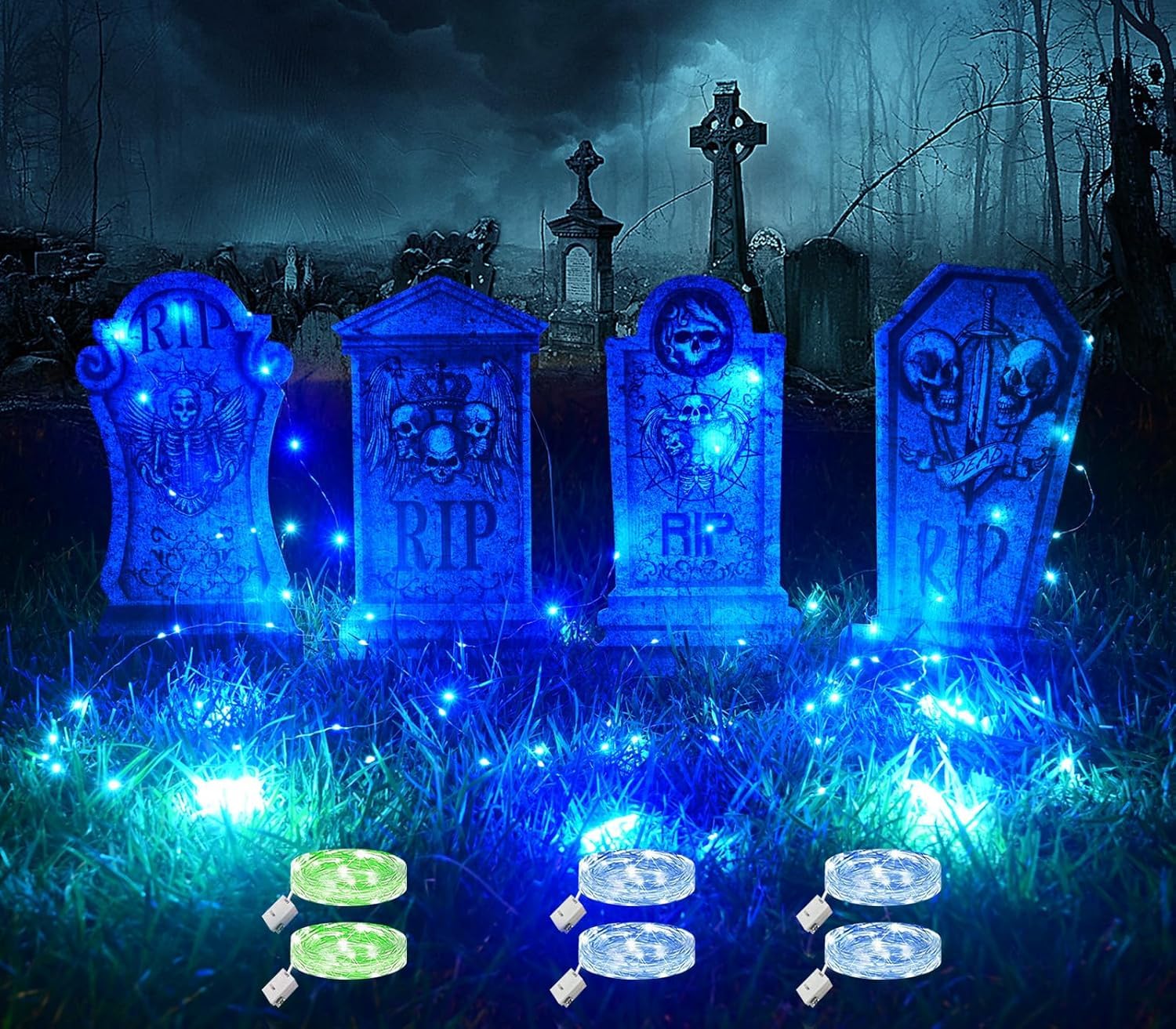 Photo 1 of Sinranac 4 Pcs 16.2" Halloween Tombstones Decoration with 2 Green Fairy Lights(3 Modes) & 4 Blue Lights(3 Modes), Plastic RIP Grave Yard Signs with 8 Stakes for Grave, Outdoor Garden, Party Decor