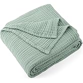Carriediosa 100% Cotton Muslin Throw Blanket 90" X 90" Queen Size，4-Layers Summer Gauze Throws for Bed Couch，Soft Lightweight Breathable Linen Blankets Bedspread for Adults All Season，Sage Green