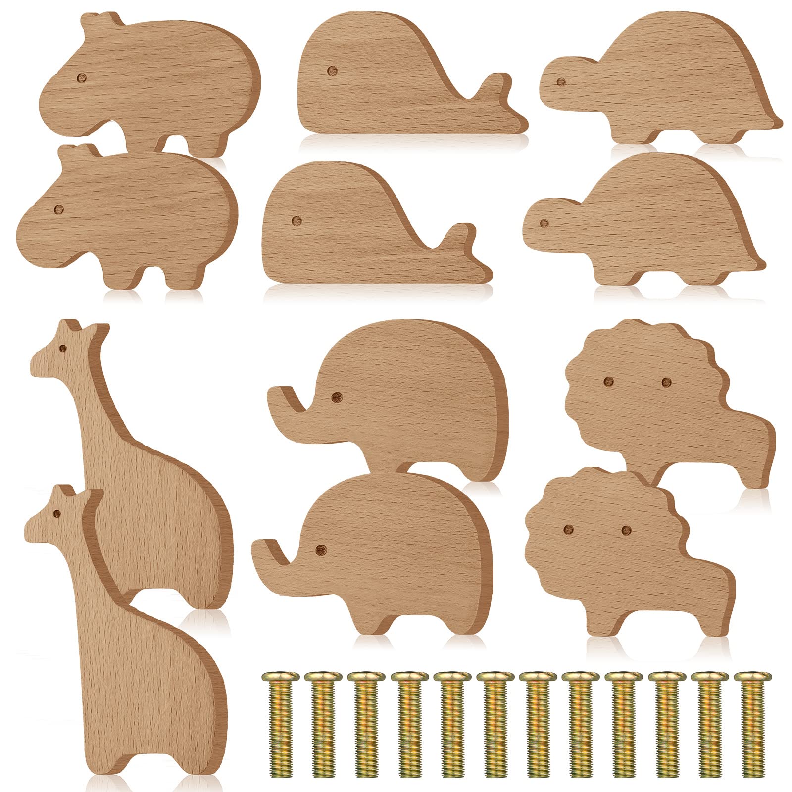 Qunclay Wooden Animal Cabinet Knobs - Decorative Dresser Knobs and Pulls with Screws - Marine Woodland Animals Set (Zoo, 12 Pieces) — image 1