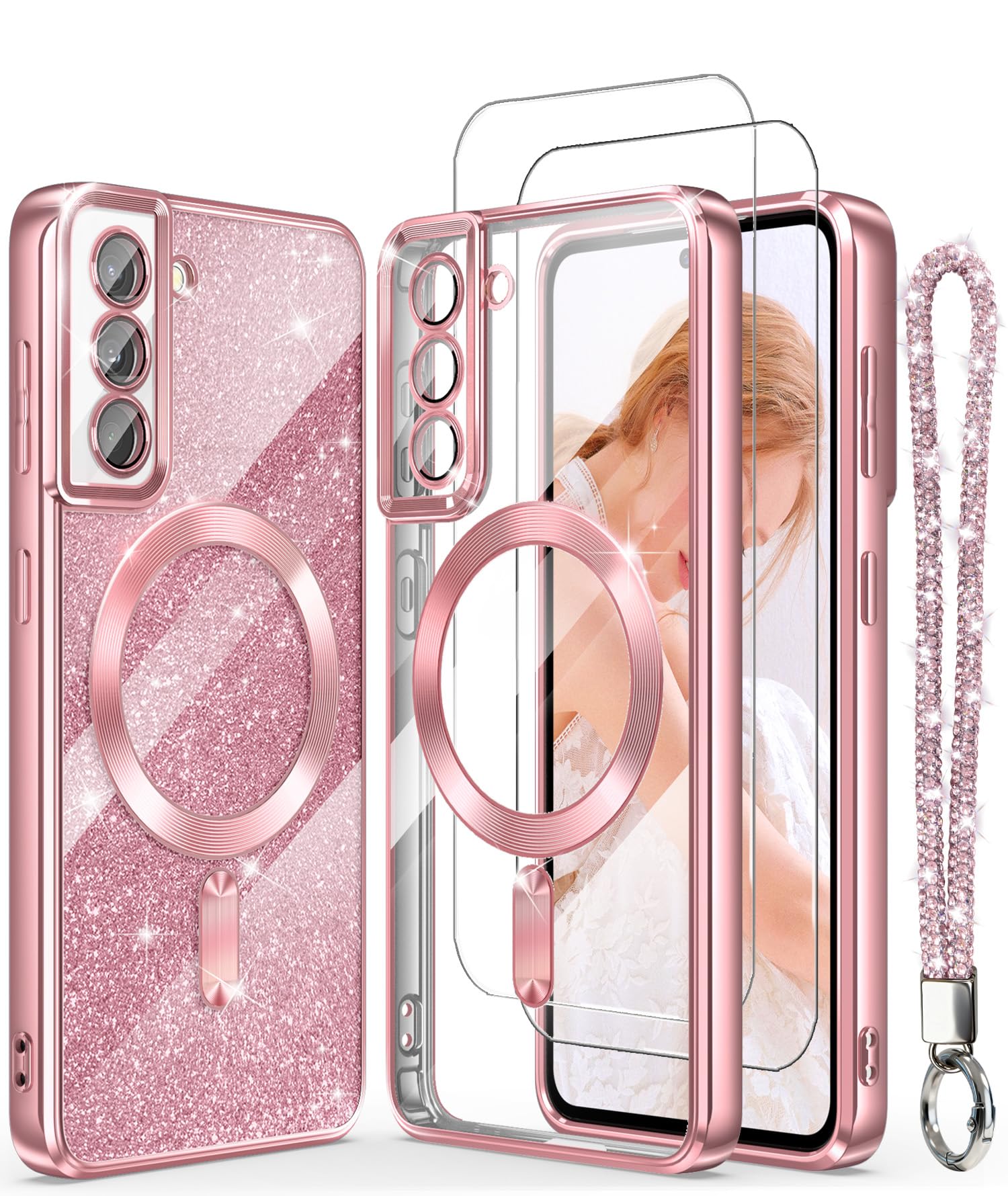DagoRoo Magnetic for Samsung Galaxy S21 5G Case + 2X Screen Protectors,Luxury Plated Gold Edge [Glitter Card&Wrist Strap] Slim Soft Crystal Clear TPU Shockproof Case Cover for S21 5G-Pink