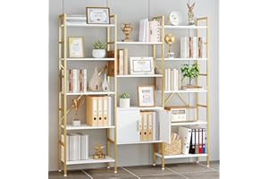 Yusong Bookshelf Triple Wide 5 Tier Bookcases with Storage Cabinet, Industrial Large Modern Tall Bookshelves with 12 Open Dis