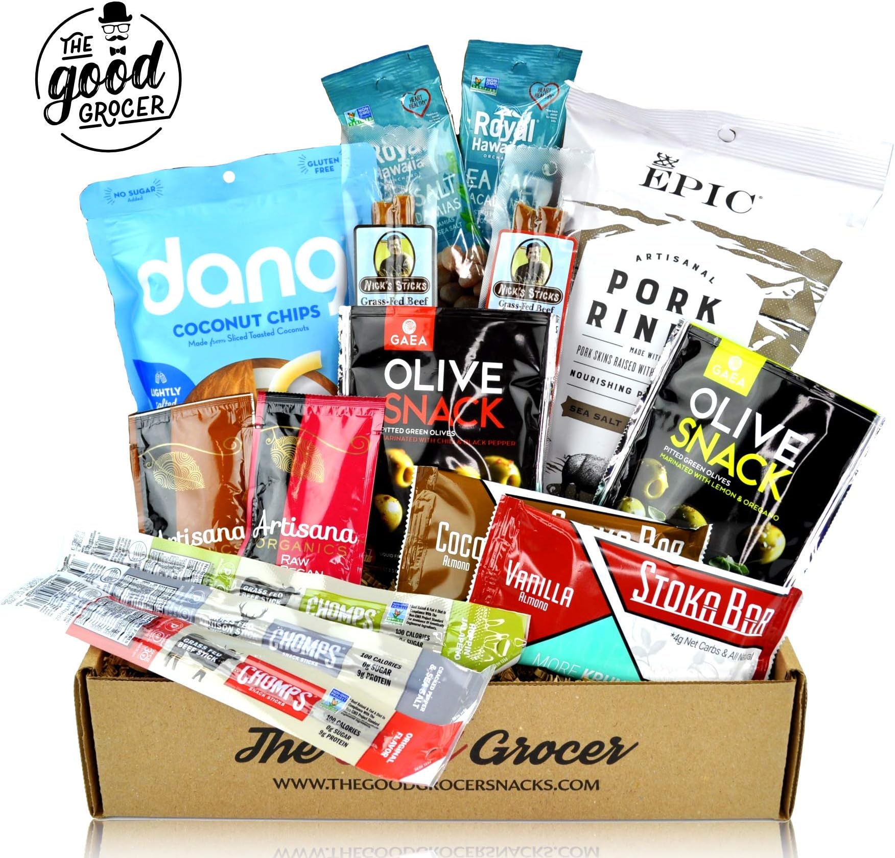 Clean KETO and PALEO Snacks Care Package (15ct): Ultra Low Carb, Dairy Free, Soy Free, Gluten Free, Low Sugar, Pork Rinds, Grass Fed Meat Sticks, Bars, Nuts, Healthy Snacks Gift Box Variety Pack