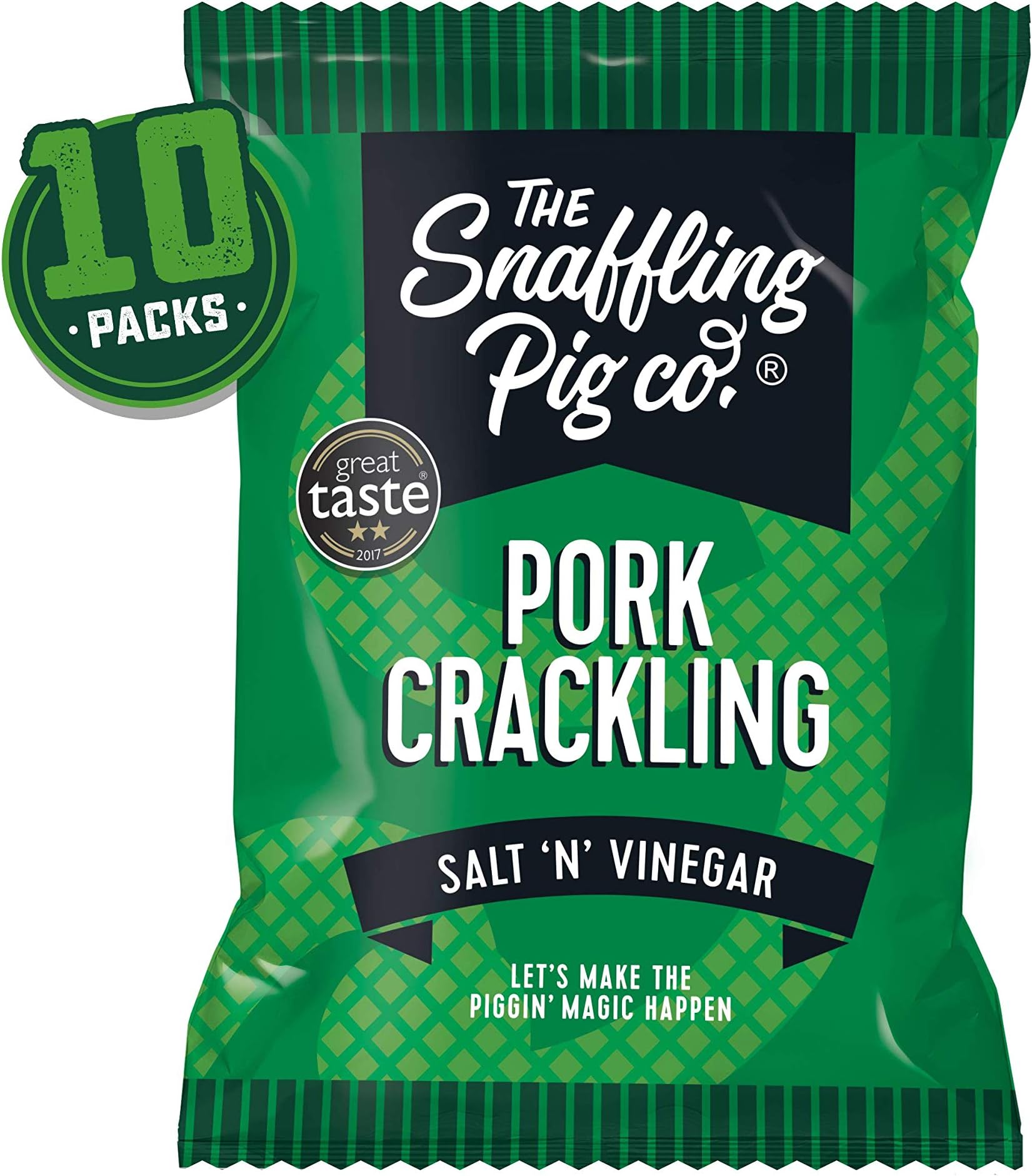 Snaffling Pig Pork Crackling Salt 'N' Vinegar Flavour 45g (10 Packs) Low Sugar High Protein Keto Savoury Snack