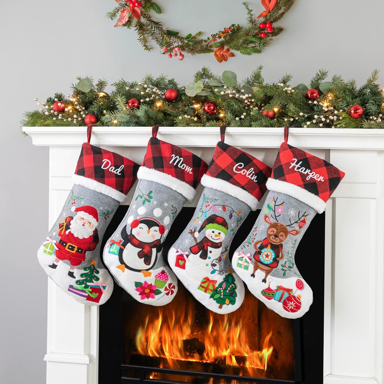 Stockings & Holders - Personalized Planet Holiday Penguin Christmas Stocking with Custom Name Embroidery | Buffalo Plaid Cuff with Holly and Lollipop Details | Fun Festive Christmas Home Décor | Ready to Hang