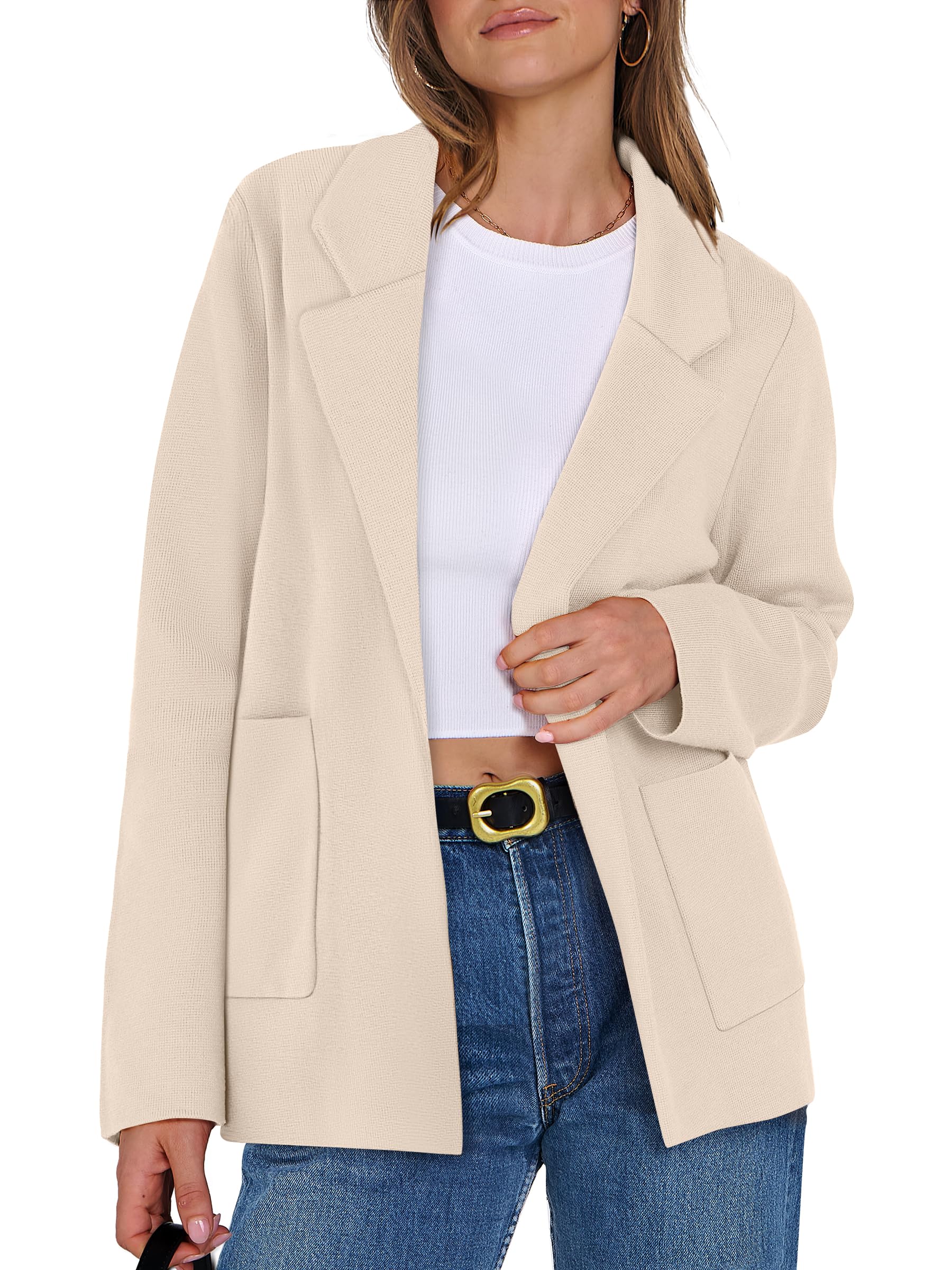 Photo 1 of ANRABESS Womens Sweater Blazer 2025 Fall Cardigan Chunky Knit Jacket Coats Light Apricot Small