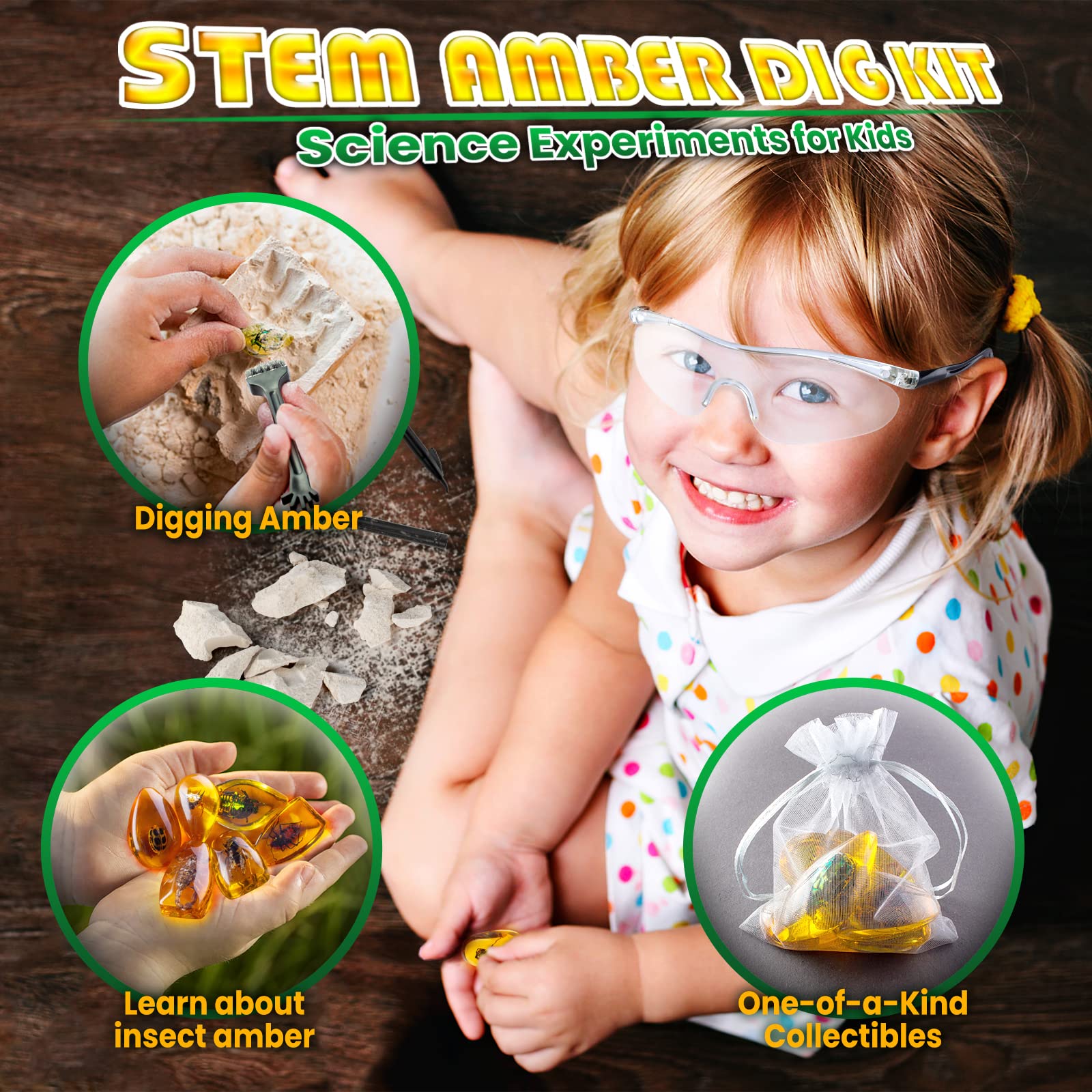 GobiDex Amber Dig Kit-Artificial Insect Resin, Excavate 6 Insects Specimens, STEM Geographic Educational Bugs Toys, Excavation Toys for Fun Bugs Party Favors, Science Kits for Kids Age 6-8 8-12