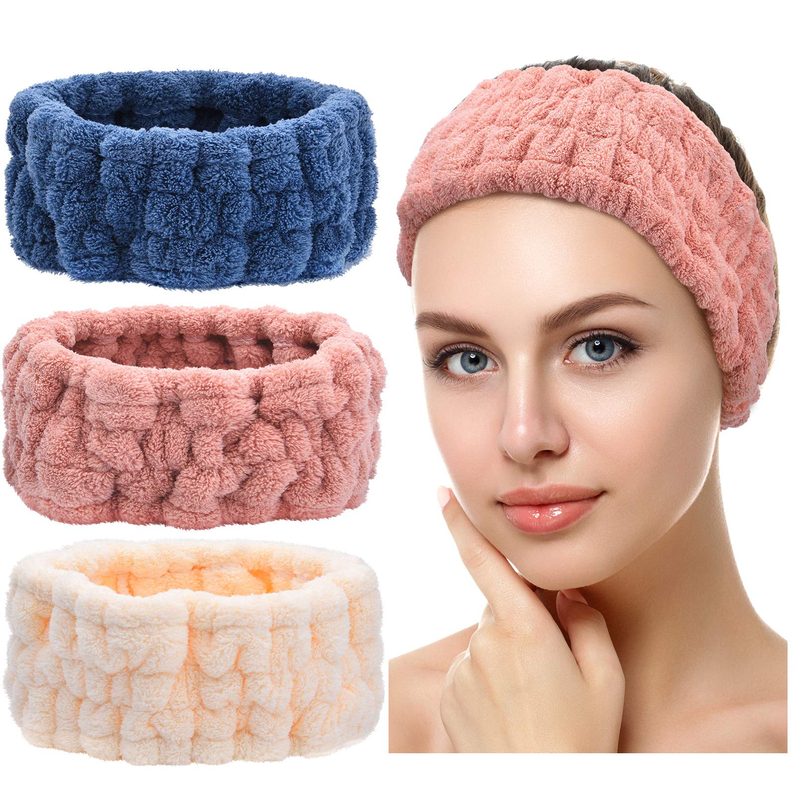 Chuangdi 3 Pieces Spa Headband for Women Facial Makeup Headband Soft Terry Cloth Hairband for Washing Face Mask Spa Shower Gifts(Dark Pink, Dark Blue, Milky-White)