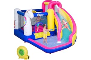 Outsunny Inflatable Water Slide Bounce House with Trampoline, Climbing Wall, Water Cannon, Basketball Hoop, Splash Pool, 450W Blower, Unicorn Themed Bouncy House for Kids 3-8 Years Old