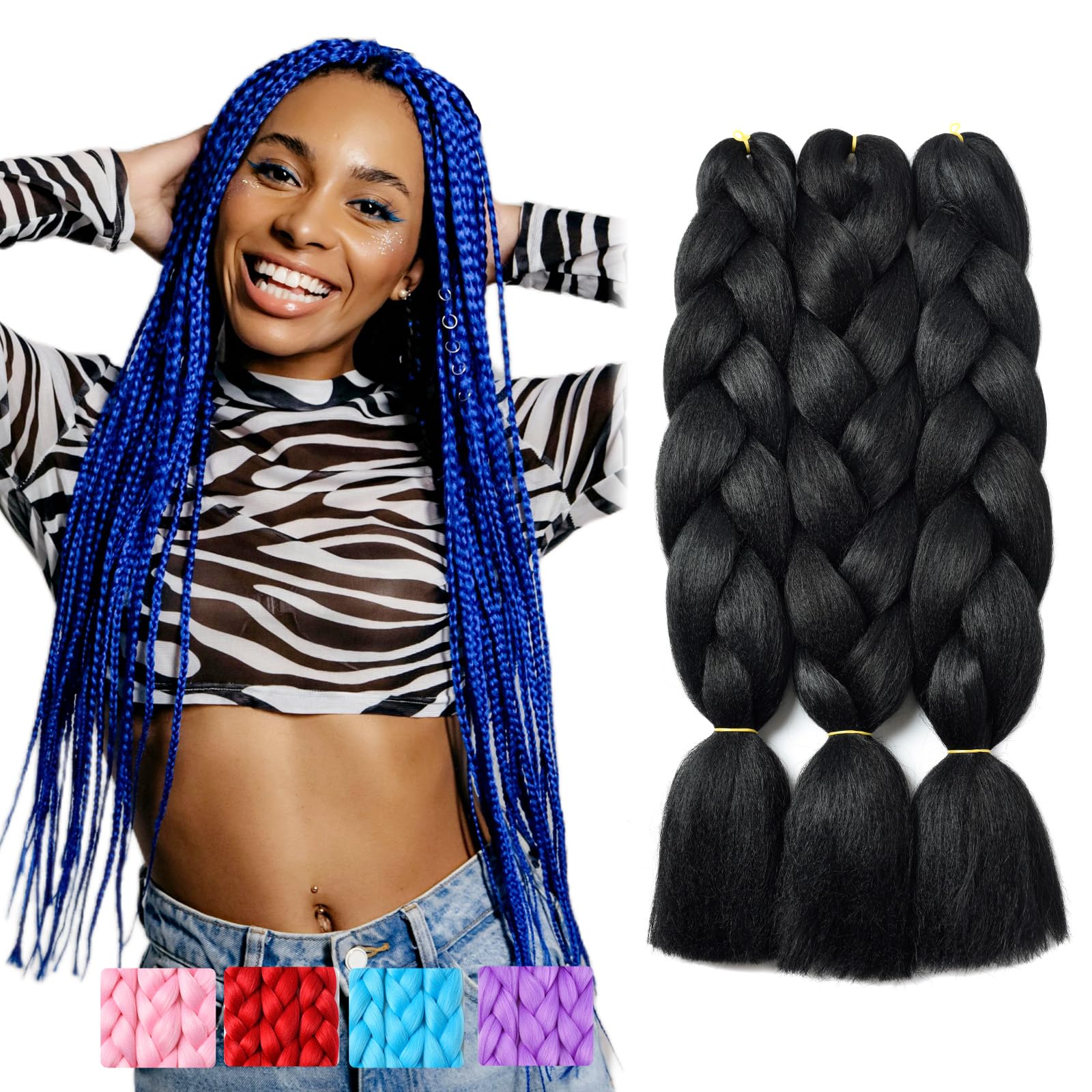 BUYOGET Jumbo Braiding Hair Extensions for Women 3 Bundles 24 Inch High Temperature Kanekalon Braiding Hair for Twist Crochet Box Braids Natural Black