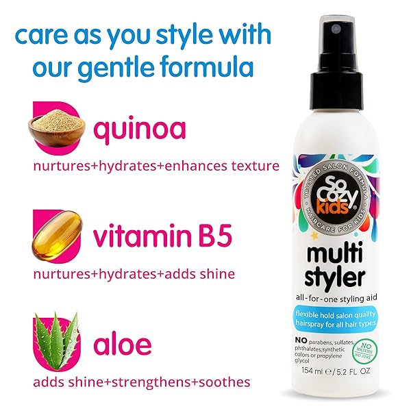 SOCOZY MULTI STYLER, STYLING HAIR SPRAY FOR KIDS, SAFE FOR EVERYDAY USE (5.2 FL OZ) HOLDS LIKE A LIGHT GEL, GENTLE FORMULA WITH QUINOA, VITAMIN B5 & ALOE, NO PARABENS, SULFATES OR SYNTHETIC COLORS