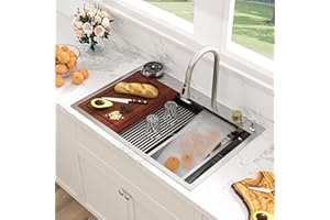 Sarlai 33 Inch Waterfall Kitchen Sink Drop In - 33x22 Waterfall Drop Workstation Stainless Steel 16 Gauge Multifunction Single Bowl Smart Top Mount Kitchen Sink with Faucet Combo