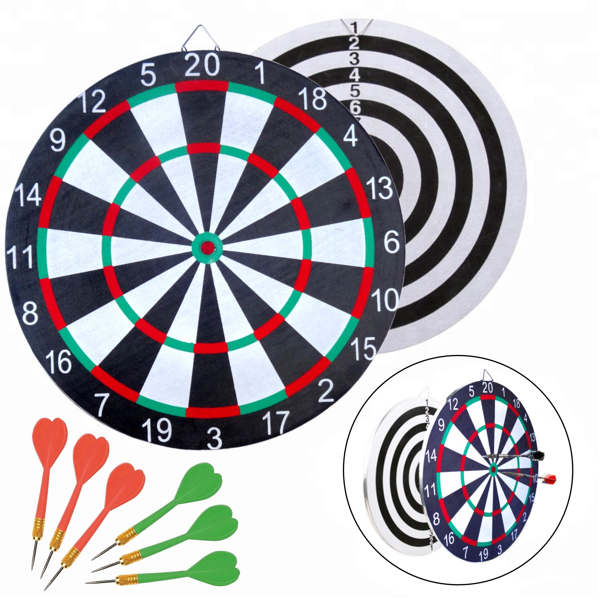 O&W Security Dartboard Dart Set 42.5 cm Including 6 Darts with Metal Tips Classic and Black White Playable High Quality Ideal for the Whole Family