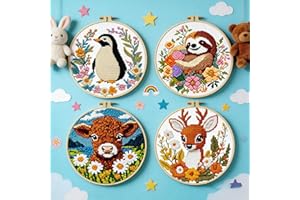 Stamped Cross Stitch Kit, Beginner Embroidery Starter Set with Printed Fabric, Hoops, Thread and Tools, Cow Deer Sloth Pengui