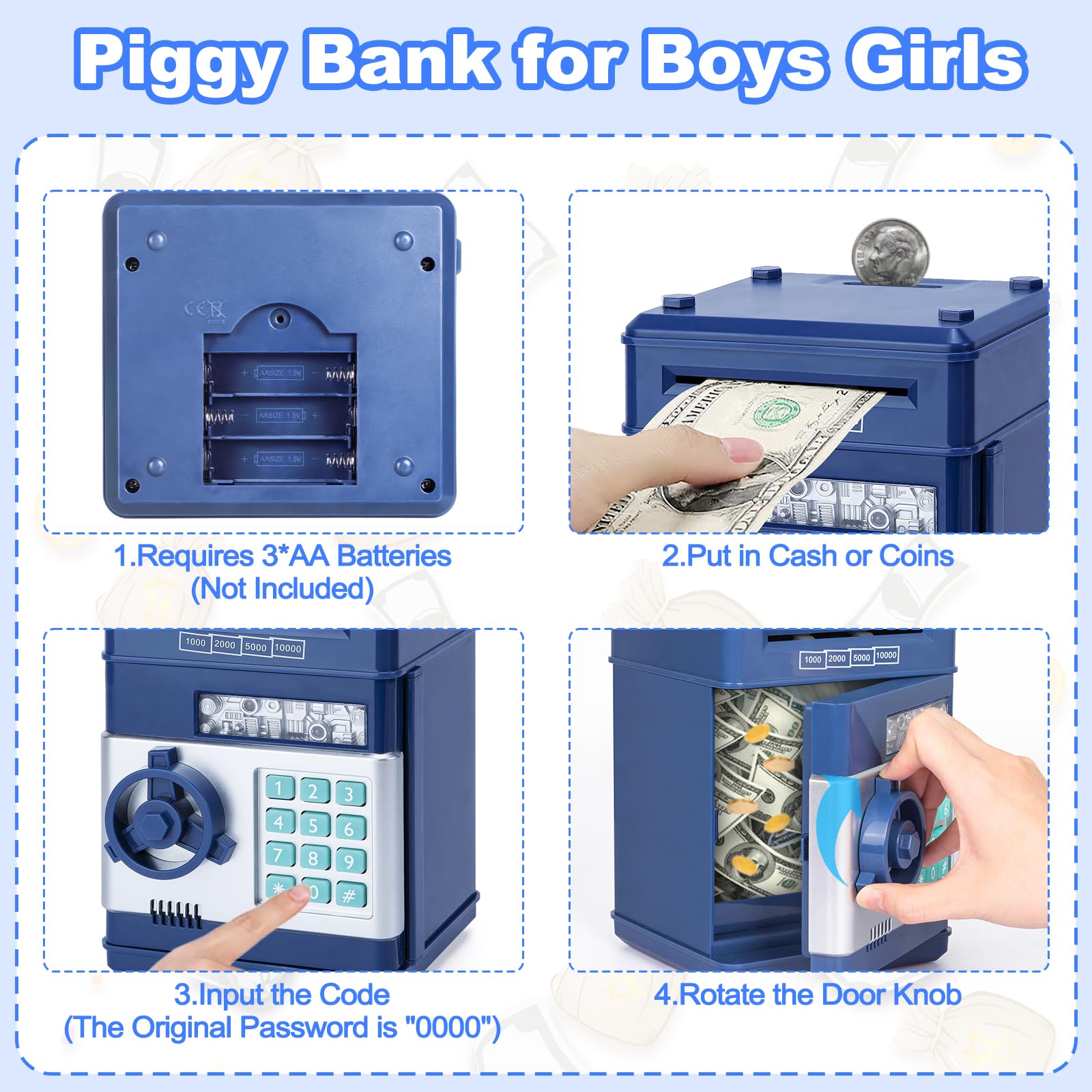 Refasy Piggy Bank Cash Coin Can ATM Bank Electronic Coin Money Bank for Kids Age 3-12, Money Savings Box Mini ATM Coin Bank Toys Gifts for 3 4 5 6 7 8 9 10 11 12 Year Old Boys Girls