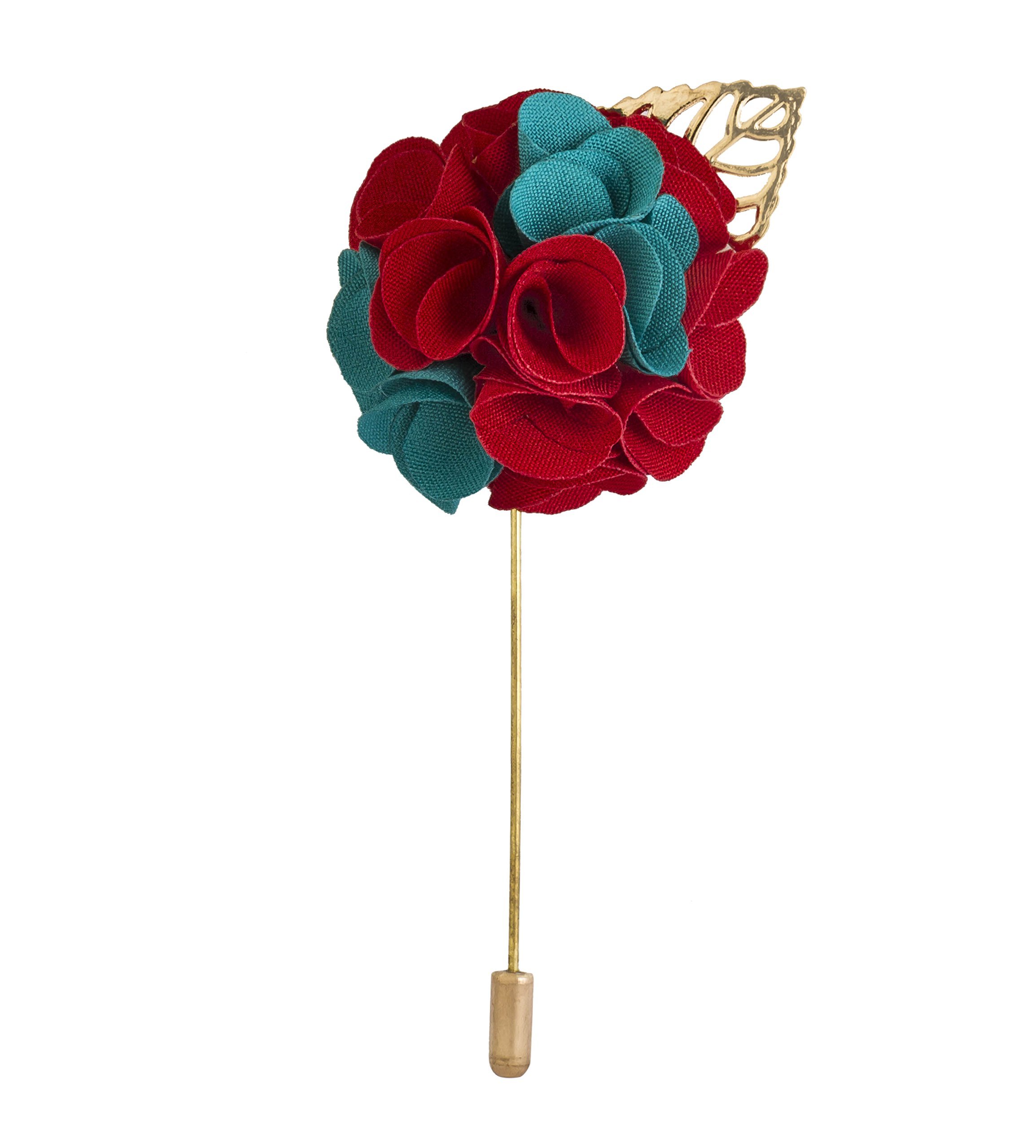 Knighthood Bunch Flower with Golden Leaf Lapel Pin (Maroon & Baby Blue) Badge Coat Suit Wedding Gift Party Shirt Collar Accessories Brooch for Men