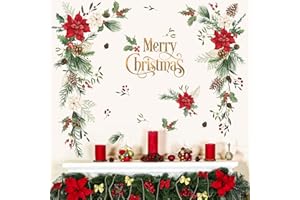 wondever Christmas Flower Wall Stickers Christmas Leaves and Floral Christmas Window Wall Art Decals for Christmas Party Xmas