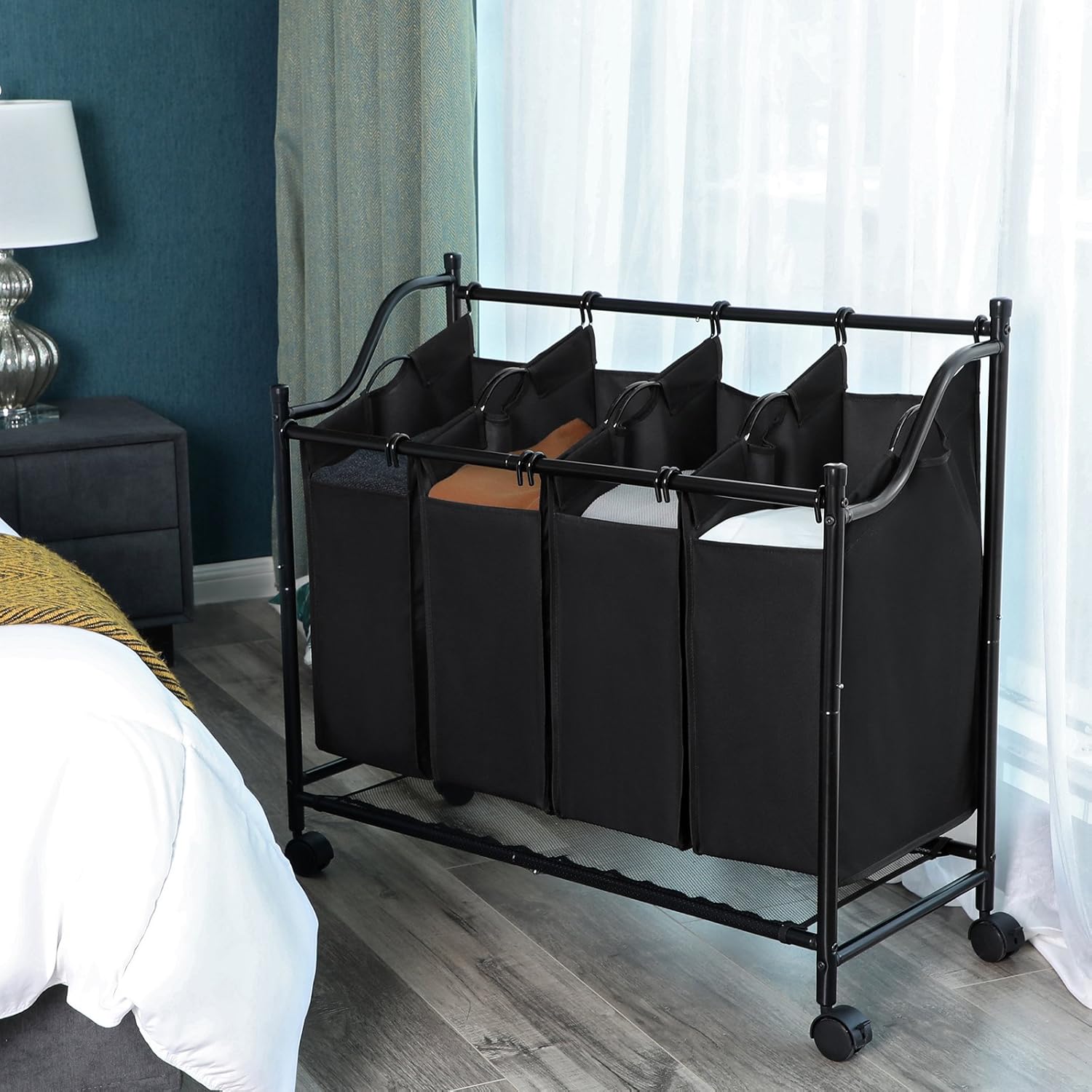 SONGMICS Cesto para la Colada, Carrito de Lavandería con 4 Bolsas