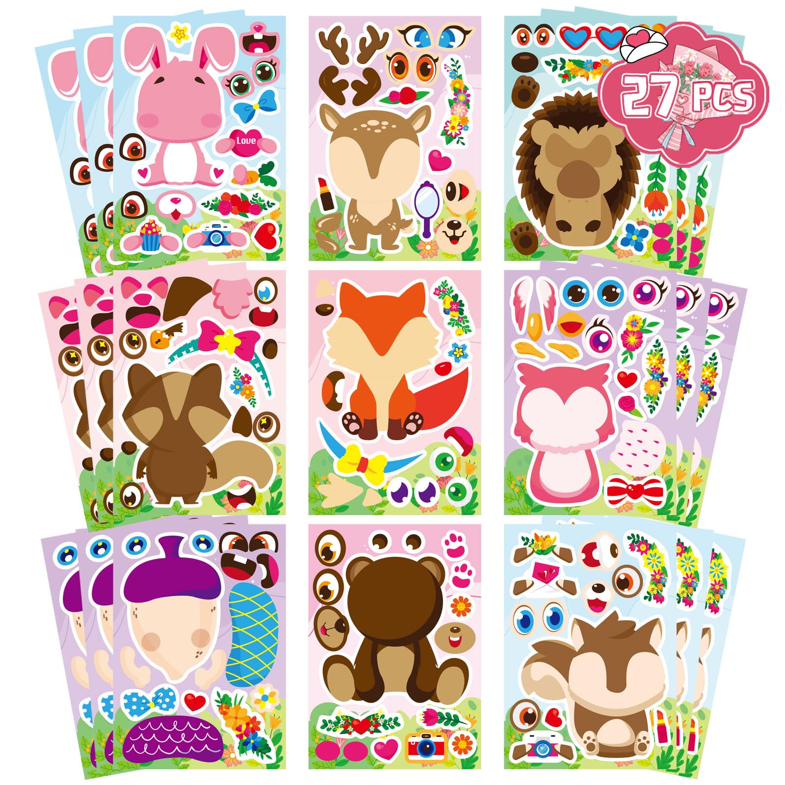 27 Sheets Valentine Stickers for Kids Make a Valentine Animal Stickers Make Your Own Sticker, Valentine’s Day Crafts Party Games Activities