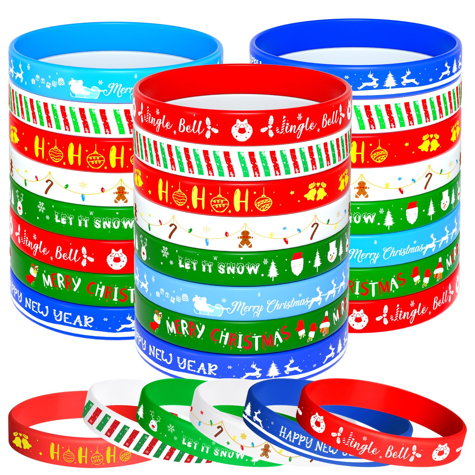 NEBURORA 48pcs Christmas Wristband Silicone Bracelets for Kids 8 Style Xmas Pattern Rubber Wristband Wrist Band Bulk for Merry Christmas Classroom Gifts Theme Party Decor Supplies Favor — image 1